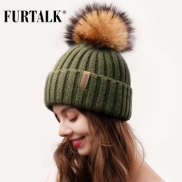 Beanie Skull Caps Furtalk Real Fur pompom Beanie Hat Women Winter Knitted Warm Big Raccoon Pom for Female 230729