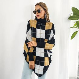 Women's Sweaters Women Vintage Plaid Sweater Dress Autumn Long Turtle Neck Batwing Sleeve Print Loose Knitted Pullover Tops Mujer