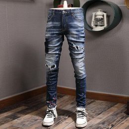 Men's Jeans High Street Fashion Men Retro Blue Elastic Stretch Slim Fit Ripped Embroidery Designer Hip Hop Brand Pants Homme