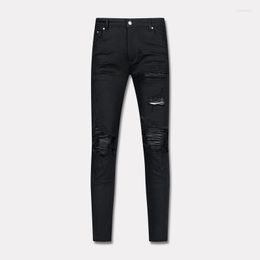 Men's Jeans High Street Fashion Men Black Colour Elastic Stretch Skinny Ripped Leather Patched Designer Hip Hop Brand Pants