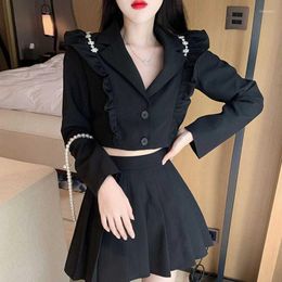 Women's Suits Fashion Ruffles Blazer Autumn Korean Style Cropped Jacket Women Black Grey Chic Streetwear Suit Coats