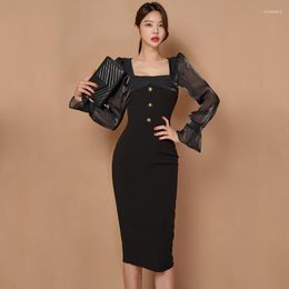 Casual Dresses Women Square Collar Black Sheath Pencil Dress Fashion Slim Sexy OL Work Bodycon Office Business Vestidos