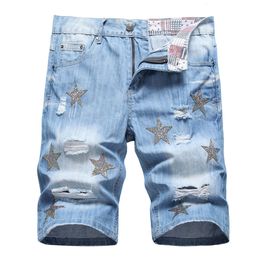 Men's Shorts Men Summer Crystal Patch Denim Shorts Holes Ripped Slim Straight Jeans Knee Length Light Blue Breeches 230729