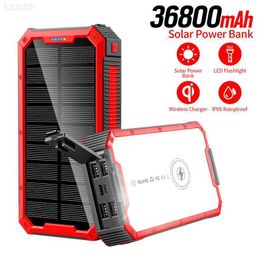 Cell Phone Power Banks Solar Power Bank 36800mAh Qi Wireless Charging Waterproof Travel Powerbank with Camping Light for iPhone 12 Samsung S20 Charger L230728