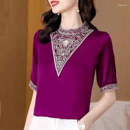 Women's Blouses S-3XL Purple Silk Satin Shirt Summer Women Clothing Fashion Hollow Tops V-neck Short-sleeved OL Lace Blouse