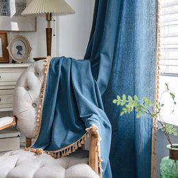 Curtain Blue Cotton Linen Window Curtains For Living Room Short Vintage Farmhouse Deco Tassel Drapes Kitchen Valance Cortinas