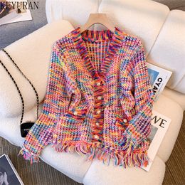Women's Knits Tees Rainbow Striped Tassel Knitted Cardigan Women's Vintage Korean Fashion Long Sleeve V-Neck Single-breasted Sweaters for Women 230729