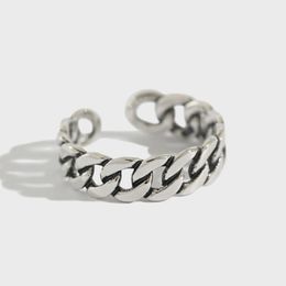 Real 925 Sterling Silver Adjustable Rings Retro Do the Old Trendy Chain Open Ring For Women Fine Jewellery Gift YMR072