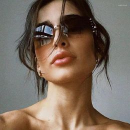 Sunglasses Y2K Cool Girl Square Rimless Retro Eyewear Gradient Shades Sun Glasses Steampunk Rhinestone Large Oversize Women