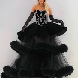 Party Dresses Black Gothic Prom Dress Sweetheart Sleeveless Beading Luxury Gown Crystal Stones Ruched Tiered Ball Tulle