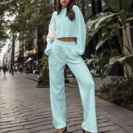 Women's Two Piece Pants Autumn Cotton Outfit Sets Women Solid Colour Long Sleeve Pullover Wide Leg Casual Workout Tracksuit Streetwear