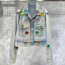 Men's Jackets Europe Station 2023 Autumn Heavy Industry Design Sense Water Diamond Nail Beads Slim Versatile Short Jean Jacket Female