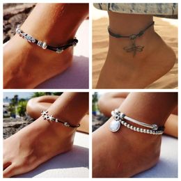 Anklets Vintage Metal Starfish Wax Rope Feet Chain Fashion Multi Layer Summer Vacation Wrist Retro Decoration For Women