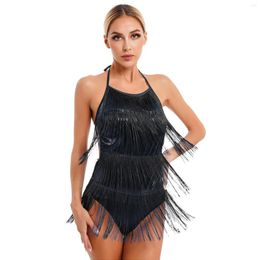 Stage Wear Womens Latin Dance Dress Lace-up Halter Tassel Fringed Bodysuit Samba Tango Cha-cha Jazz Dresses Prom Performance Costume