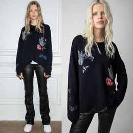 23SS Zadig Voltaire Mulheres Designer Moda Moletom Clássico Suéter de Algodão Letra Impressão Amor Bordado Mão Crochê Cashmere Suéter Com Capuz Oversized Tops