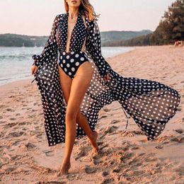 Women's Swimwear Bohemian Beach Dress Women Polka Dots Print Bathing Suit Cover Up Summer Tunic For Woman Beachwear Long Maxi Loose Robe De