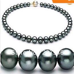 Real Fine Pearl Jewellery 18 9-10MM TAHITIAN NATURAL BLACK PEARL NECKLACE PERFECT ROUND259b