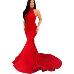 Sexy Red Evening Dresses Formal Prom Party Gown Mermaid Halter Floor-Length Sweep Train Satin long Backless Zipper Plus Size Custom