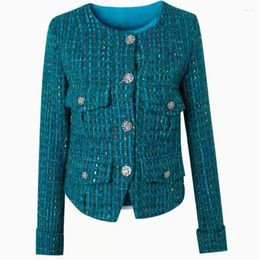 Women's Jackets French Spring Autumn Tweed Wool Jacket Women O-neck Knitting Peacock Blue Small Fragrance Short Outwear