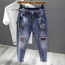 Black Pants Black Grey Embroidery Ripped Jeans Men's Personality Bump Colour Splash Paint Retro Korean Version Show Thin Elastic Feet Long IS6R