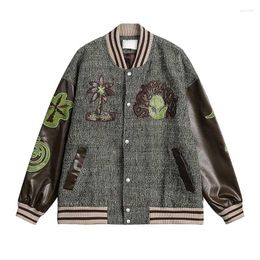 Men's Jackets Hip Hop Vintage Pu Sleeves Patchwork Baseball Harakuju Embroidery Loose Outwear Coats For Male Oversized