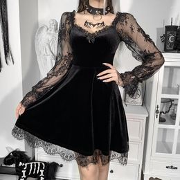 Casual Dresses Sexy Gothic Lace Patchwork Ruffle Dress Velvet Vintage Lolita High Waist A Line Women Backless Elegant Party