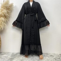 Ethnic Clothing Dubai Middle East Black Flower Embroidery Lace Up Muslim Cardigan Robe Dress Women Conjuntos Musulmanes