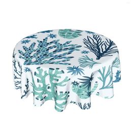 Table Cloth Summer Coastal Round Tablecloth 60 Inch Nautical Blue Ocean Coral Print Cloths Polyester Farmhouse Beach Cover