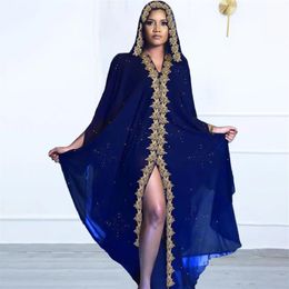 Ethnic Clothing 2021 Open Abaya Dubai Turkish Stones Chiffon Hooded Dress Muslim Kaftan Kimono African Women Plus Size Boubou Robe235a