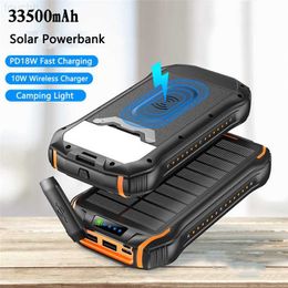 Cell Phone Power Banks 33500mAh Wireless Solar Power Bank Portable Charger 20W PD Fast Charging Powerbank for iPhone 12 11 Samsung S21 Xiaomi Poverbank L230728