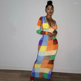 Casual Dresses Znaiml Long Sleeve V-neck Sheath Stretchy Party Club Bodycon Maxi Colourful Plaid Print For Women Vestido Feminino