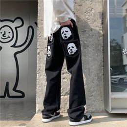 Spoof Portrait Print Denim Pants Mens High Street Funny Loose Straight-leg Pants Streetwear Casual Jeans Trousers Men