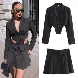 Two Piece Dress SLTNX Fashion Women's Blazer Skirt Set 2023 Summer In Elegant Chic Black Hollow Out Casual Mini Suit 2 Pieces