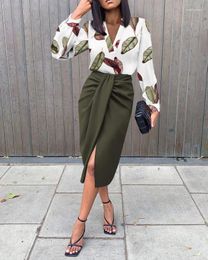 Work Dresses Two Piece Sets Womens Outifits Autumn Fashion Leaf Print V-Neck Long Sleeve Top & Casual Ruched Slit Midi Daily Skirt Set