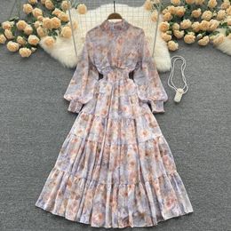 Casual Dresses Autumn Women Purple/Blue/Orange Floral Printed Long Dress Vintage Stand Collar Lantern Sleeve High Waist Big Swing Robe