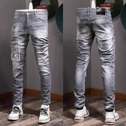 Grey Jeans Patchwork Distressed Whisker-Washed Slim Fit For Men's