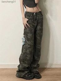 QWEEK Y2K Camo Cargo Jeans Women Harajuku 90s Vintage Streetwear Camouflage Low Waist Denim Pants Oversized Retro Trousers L230619