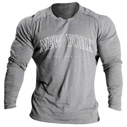 Camisetas masculinas casuais, gola redonda, mangas compridas, musculação, roupas masculinas, tops com letras, macios e confortáveis.