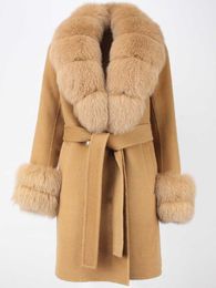 Women's Fur Faux Fur OFTBUY 2023 New Fashion Winter Jacket Women Real Fur Coat Natural Wool Blends Cashmere Double Breasted Belt Overcoat Streetwear HKD230727