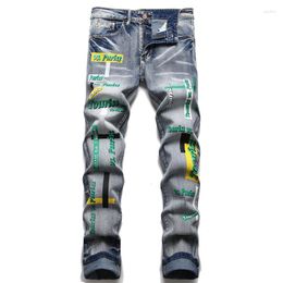 Men's Jeans Mens Printed And Dyed Streetwear Slim Fit Ripped Denim Pants Punk Style Elastic Distressed Hip Hop Trousers Men Clothing