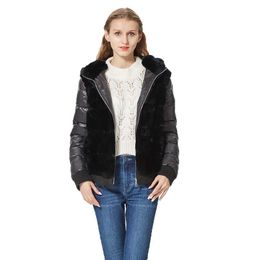 Women's Fur Faux Fur Real Rex Rabbit Fur Coat With Hood Down Coat Jacket Sleeves Fur Bomber Jacket Real Fur Jacket Hooded With Down Fur Coat Women HKD230727