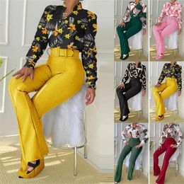 Women's Two Piece Pants Women Commute Office Sets Button Sleeve Shirt Pockets Straight Pant Suits Spring Summer Printed Set Conjuntos De