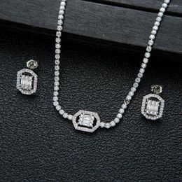 Necklace Earrings Set Silver Colour Square Pendant Ladies Clavicle Chain Exquisite Full Zircon Necklaces Jewellery Party Wedding ZK30
