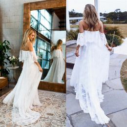 Vestido de Noiva Sumemr Beach Renda Fora do Ombro Sem Costas 2019 Boho Chic Vestidos de Noiva Vestidos de Noiva robe de mariage221C