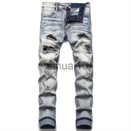 Men's Jeans Men's Retro Blue Jeans Ripped Trendy Stretch Slim Pants High Quality Versatile Male Trousers Fashion Printed Cat Beard J230728