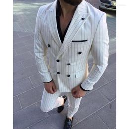 Men's Suits White Stripe Men Slim Fit Double Breasted Wedding Groom Tuxedos For Prom Mariage 2 Pcs Peaked Lapel Blazer (Jacket Pants)