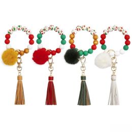 Party Favour XMAS Gift Silicone Christmas Beaded Bracelet Fur Ball Pendant Wrist Keychain Cartoon Tassel Key Chain Fashion Accessories Q374