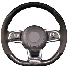 Carbon Fibre Leather Black Suede Car Steering Wheel Cover for Volkswagen Golf 7208Y