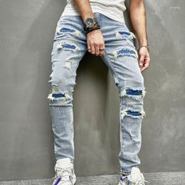 Men's Jeans Streetwear Personality Ripped Patch Pencil Pants Youth Trendy Washed Distressed Autumn Slim Stretch Denim Trousers