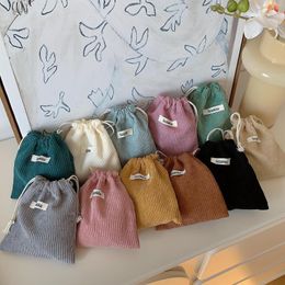 Storage Bags Solid Corduroy Woven Label Bag Drawstring Tied Mouth Cosmetic For Women Portable Large Capacity Organiser